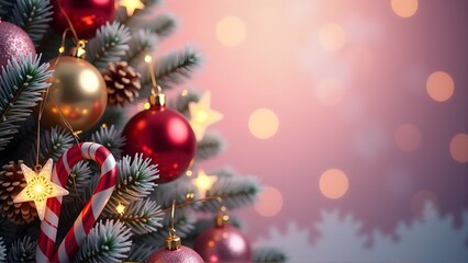 Obraz premium Glowing Christmas tree with red, gold, and pink ornaments, candy cane, and star lights against a soft pink bokeh background. Festive holiday decor for Christmas celebrations.
