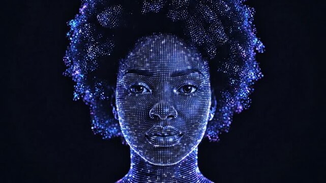 Futuristic African Woman Portrait with Glowing Blue Digital Particles and Cosmic Constellation Effects Zoom In