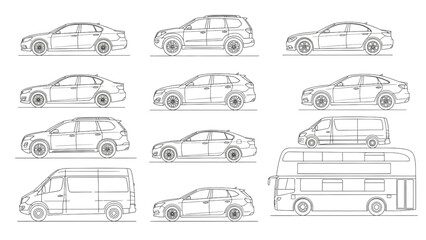 Clean Minimal Line Art Side-View Vehicles Including Sedans, SUVs, Vans & Double-Decker Bus