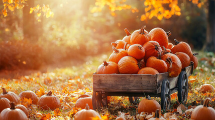 Autumn Harvest of Pumpkins in a Wooden Cart Surrounded by Leaves