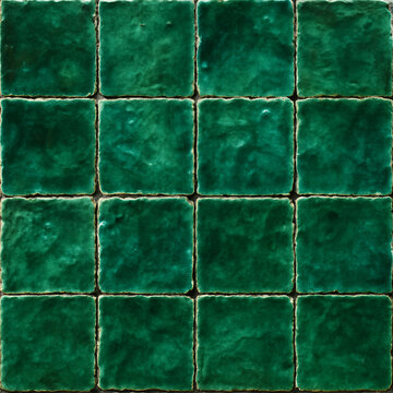 Dark emerald green glazed ceramic tile texture background. Rustic square mosaic wall pattern. Vintage handmade zellige style tiles for bathroom backsplash, kitchen, or interior design.