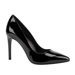 Sleek black patent leather stiletto high heel pump on transparent background