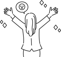 嬉しくてバンザイをする後ろ姿のビジネスウーマンのイラスト　線画のみ