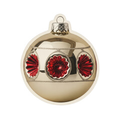 A decorative Christmas ornament featuring red flowers on a spherical shape