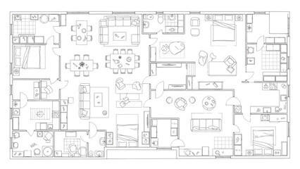 Top-Down Monochrome Furniture Blueprint Layout for Interior Design & Home Planning
