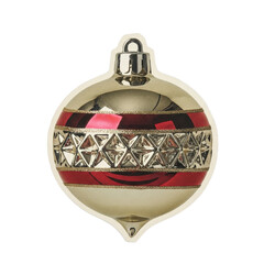 Christmas ornament with red and black stripes, festive decoration, shiny surface, hanging bauble, celebratory object
