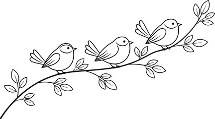 Three small black and white bird outline illustrations perched on a leafy branch for minimalist nature branding spring garden decor and simple line art graphic elements