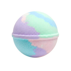 Colorful pastel bath bomb with swirling lavender, mint, blue, and pink shades on transparent background