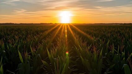 Golden hour over a lush cornfield at sunset, rural farmland, peaceful agricultural scene