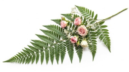 Delicate pink roses and baby’s breath arranged on a lush green fern frond, romantic botanical flatlay on white background for wedding invitations, cards, and elegant decor

