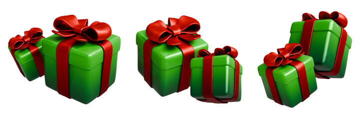 3D Illustration of lime green gift box with bright red ribbon band and decorative bow in transparent background