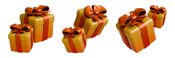3D Illustration of stacked golden orange gift boxes with red-orange ribbon and bow decorations in transparent background