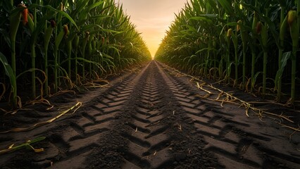 Golden hour in a vibrant cornfield with tractor tracks leading to the sunset horizon
