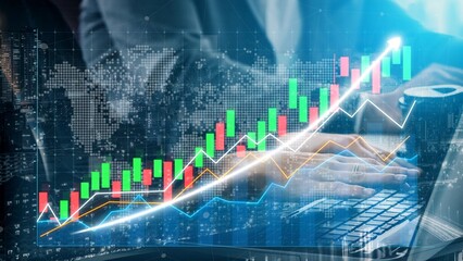 This image captures the concept of financial growth, showcasing a chart with digital graphics that illustrate market trends in a business environment. Copula