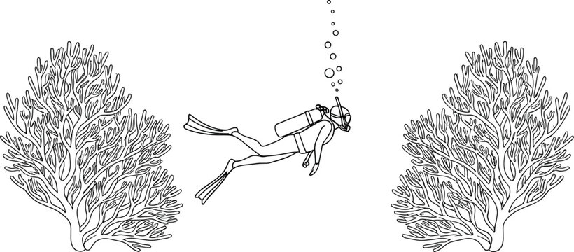 Set of minimalist black outline scuba diver and coral reef illustrations for underwater adventure tourism marine conservation educational infographics and diving club branding