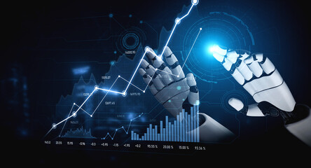 A futuristic robotic hand interacts with a data visualization chart, representing the role of AI and machine learning in analyzing financial markets and trends effectively. Scalp