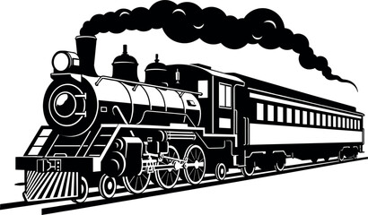 Detailed black and white steam locomotive train silhouette with smoke for vintage travel branding railway history education and classic transportation graphic design © MdNazmul