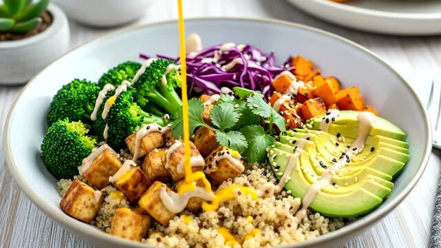 Colorful quinoa bowl with vegetables and dressing