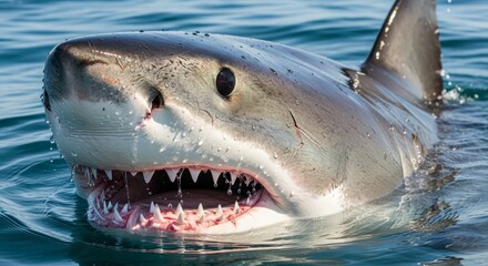 Great white shark swimming powerfully through deep blue ocean waters, showing its iconic body shape and sharp teeth. A top marine predator symbolizing strength and ocean wildlife.