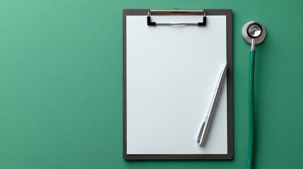 Overhead shot of a blank clipboard with a pen on it and a stethoscope resting next to it, against a green background