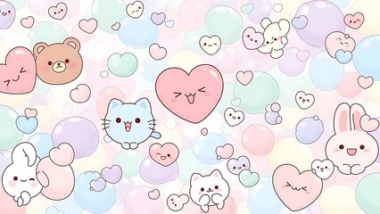 Kawaii cartoon animals and hearts in pastel colors