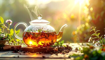 relaxing indoor scene with glass cup of freshly made lemon balm tea surrounded by fresh mint herb leaves and honey
