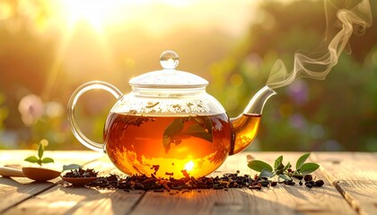 relaxing indoor scene with glass cup of freshly made lemon balm tea surrounded by fresh mint herb leaves and honey