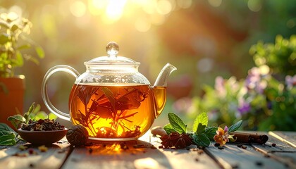 relaxing indoor scene with glass cup of freshly made lemon balm tea surrounded by fresh mint herb leaves and honey