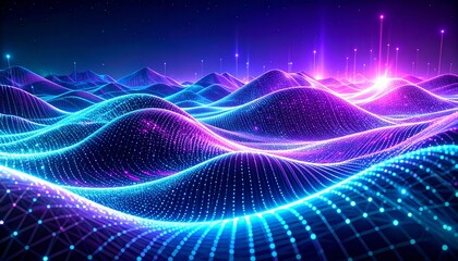 Abstract red digital landscape with glowing particles and blurred background creating a futuristic