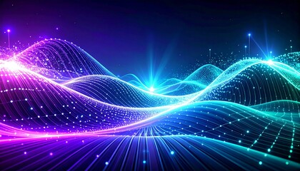 Abstract red digital landscape with glowing particles and blurred background creating a futuristic