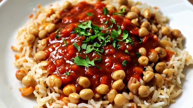 Vibrant chickpeas over rice with red sauce garnish.