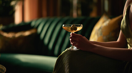 elegant cocktail lifestyle, cozy evening drink, martini in modern lounge
