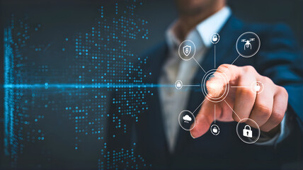 Digital security and technology innovation with a businessman interacting with a futuristic interface