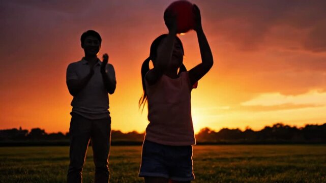 Father teaching child basketball at sunset silhouette outdoors, active family bonding moment, static shot no camera movement
