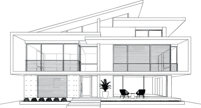 Minimalist black outline illustration of a modern luxury two-story villa with large windows architectural terraces and contemporary residential exterior design