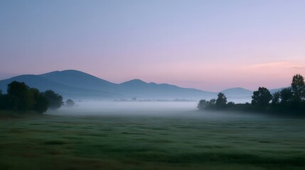 Obraz premium Peaceful dawn unfolds over a misty valley with serene mountains silhouetted against a pastel sky and dew kissed grass in the foreground