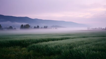 Obraz premium Serene misty dawn breaks over a vast green field with rolling hills veiled in fog