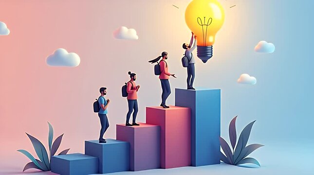 Isometric vector illustration of small startup team climbing bar graph staircase toward glowing light bulb, business growth and success concept, vibrant colors, clean corporate style, modern infograph