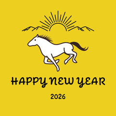 2026年午年の年賀状カード　走る馬と初日の出のイラスト　スクエア正方形