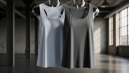 Two tank tops hanging in a room