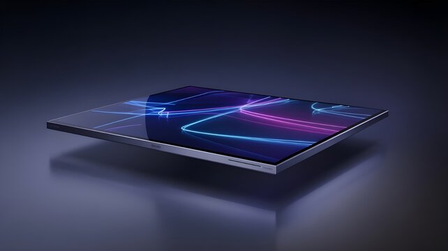 Ultra-modern LCD display floating in a dark 
studio environment, thin bezel design, vibrant crystal-clear screen with abstract tech graphics, soft blue and purple neon reflections, cinematic lighting,