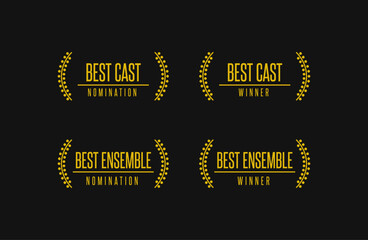 Film award badges set - best ensemble, cast, casting, acting nomination and winner clip art. Black and gold vector icon set