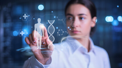 Scientist examining futuristic holographic interface displaying human anatomy and DNA helix, representing advancements in medicine and biotechnology