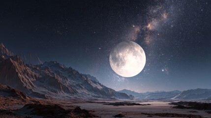 Lunar Majesty: The luminous moon dominates the night sky over a vast, ethereal landscape, its radiant glow illuminating the rugged terrain and starlit cosmos.