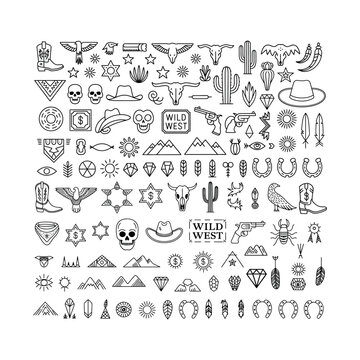 Western Cowboy Icons Collection Wild West Symbols Line Art vector illustration