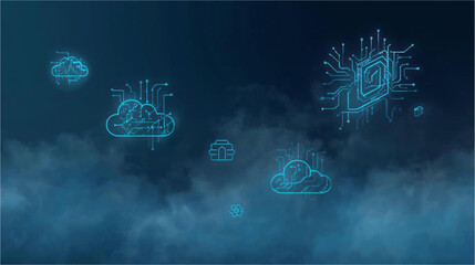 Digital network and cloud computing infrastructure with abstract circuit elements floating in a blue, smoky environment, representing modern technology and data processing.
