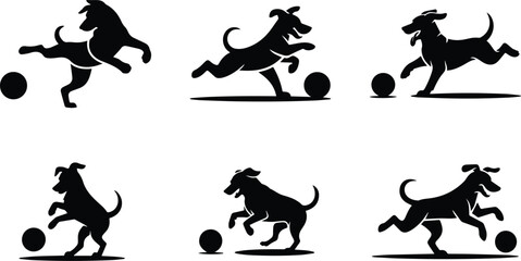 Set of Minimalist black dog playing soccer football kicking ball silhouette vector icon