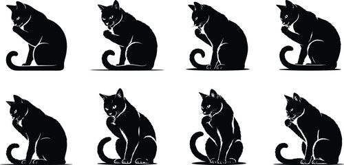 Set of Minimalist black cat sitting and grooming itself licking paw silhouette vector icon