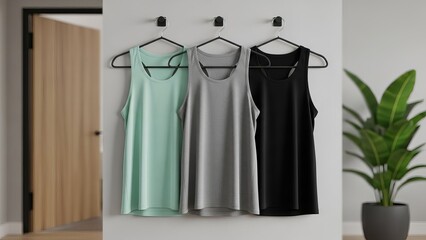 Three tank tops hanging on wall hooks