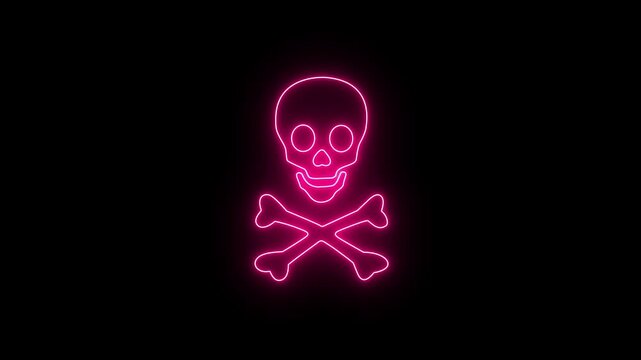 Vibrant pink neon skull and crossbones animated symbol with glowing effect. Hazard warning. Danger sign. Pirate emblem. Poison alert. 4K seamless loop video.